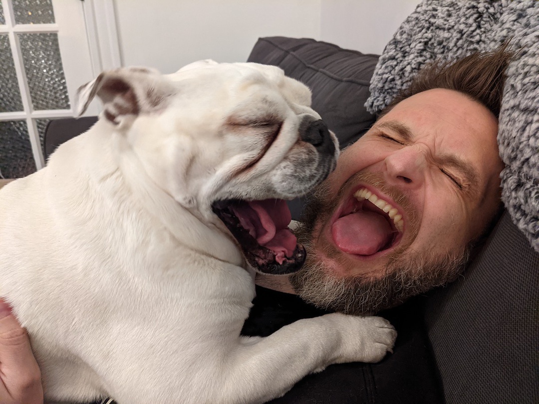 Pearl and I -- either yawning, or complaining to each other